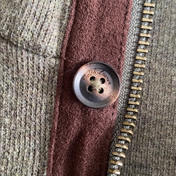 POLO Ralph Lauren 100% cotton Khaki Quarter-Zip Sweater suede elbows button neck - Picture 7 of 16